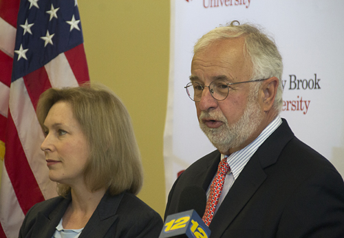 Congressman Tim Bishop and Senator Kirsten Gillibrand pitch the new high-tech startup bill at a press conference Friday morning. (Credit: Paul Squire)