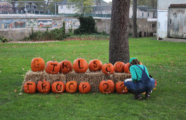 Local Girl Scout Troop 220’s carved pumpkin display on the grounds of the East End Arts Council. The girl scouts sponsored and ran the 1st annual Jack O’Lantern Walk and Pumpkin Carving Contest.   