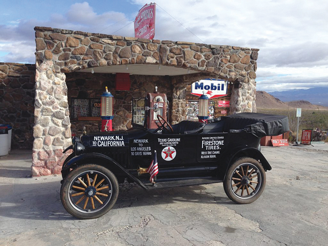 The 1917 Maxwell touring car at a replica of a 1920s Mobil station in Cool Springs, Ariz. (Courtesy photo credit: Bassemir family)