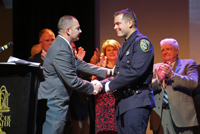 Anthony Montalbano is honored as Riverhead PBA's Cop of the Year. (Credit: Krysten Massa)
