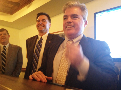 GIANNA VOLPE PHOTO | County Executive Steve Bellone (right) said with his landslide victor Al Krupski is the most popular elected official in county government.