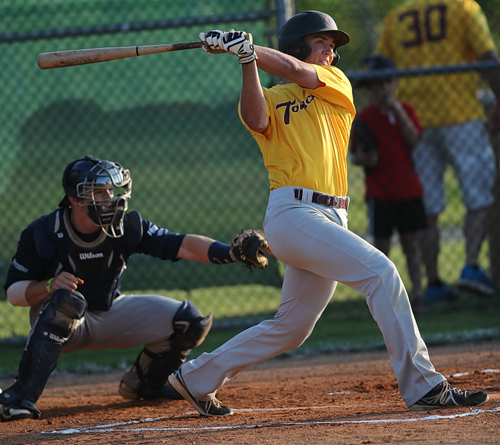 Tomcats' first baseman Colton Rice reached base three times Monday, including a solo home run in the eighth inning against the Ospreys. (Credit: Garret Meade)