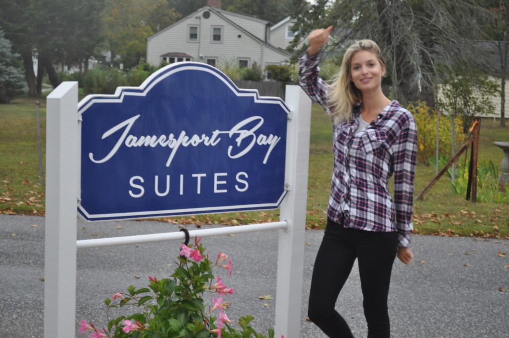 McGregor model Ashlie Bruenun strikes a pose outside Jamesport Bay Suites early Thursday. (Cyndi Murray photo) 