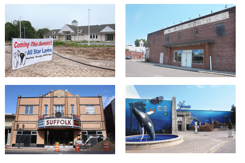BARBARAELLEN KOCH FILE PHOTOS | Clockwise, from top left: All Star, the former Woolworth building, Long Island Aquarium, and Suffolk Theater — all recipients of IDA tax breaks.