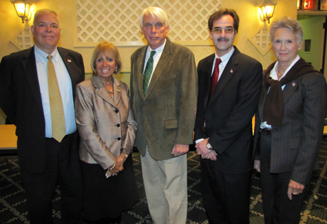 Southampton Republican leader Ernest Wruck (from left), County Treasurer Angie Carpenter, Riverhead Republican leader John Galla, Southold Republican leader Denis Noncarrow, and East Hampton Republican leader Trace Duryea at Friday's screening.