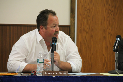 PAUL SQUIRE PHOTO | Riverhead school board vice president Greg Meyer calls for a vote on the NJROTC resolution during Tuesday night's meeting.