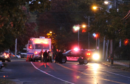 PAUL SQUIRE PHOTO | Southampton Town and Suffolk County police at the scene of where a reported hand grenade was thrown from a car.