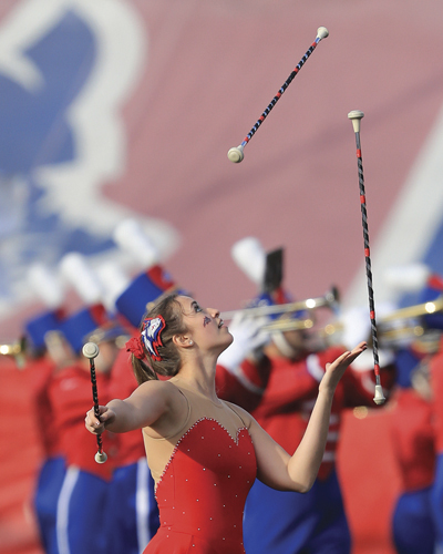 Stony Brook University's Featured Twirler Kaylyn Ahrenstein performs with the marching band prior to the start of Stony Brook's 14-9 loss to William and Mary at LaValle Stadium, Stony Brook on Nov. 5, 2016. (Credit: Daniel De Mato)