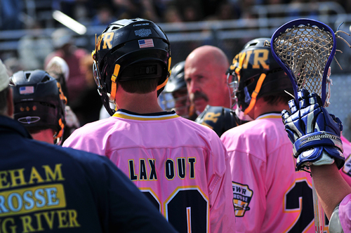 BILL LANDON PHOTO  |  Shoreham-Wading River players wore pink jerseys Saturday as part of the Lax-Out Cancer fundraiser game against Garden City.