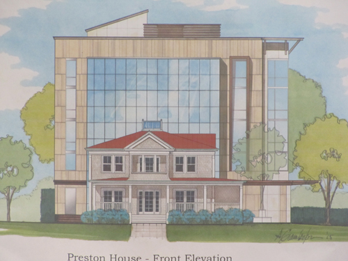 Rendering of the Preston House with five story hotel, front view.