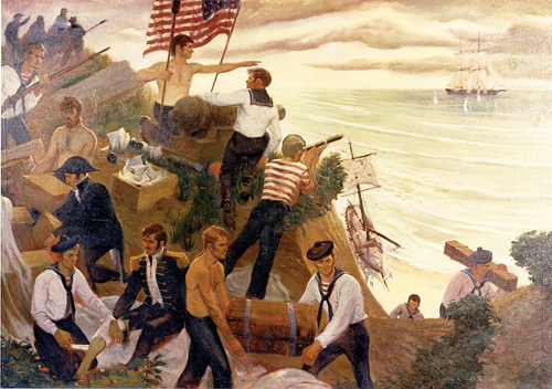 A modern painting depicting the October 1814 military engagement off Northville. (Credit: U.S. Coast Guard Academy Collection)