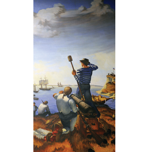 This mural at the U.S. Coast Guard Academy is an artist's interpretation of the October 1814 engagement. It was painted in 1933 by Aldis B. Browne II. (Credit: U.S. Coast Guard Collection)