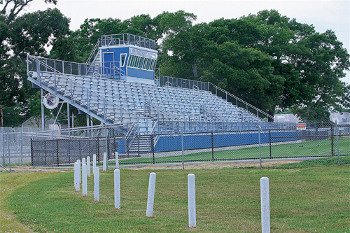 New bleachers at the football field were placed over the old track at the high school. (Credit: Barbaraellen Koch)