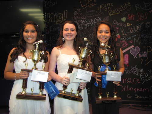 Aria Saltini (center) finished first in Saturday's Riverhead Idol competition. Lia Schellinger (right) won second place and  Megan Schlichting won third place.