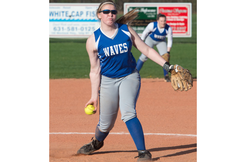 Stephanie Falisi of Riverhead delivering a pitch against East Islip. (Credit: Robert O'Rourk)