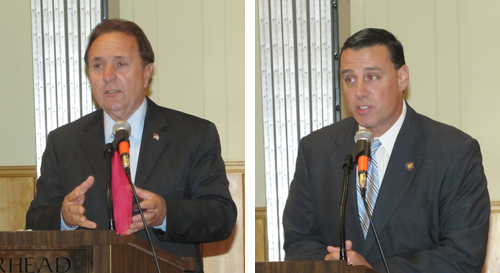 Tom Schiliro (left) and Anthony Palumbo, who are running for the  first district state assembly seat, debated Monday night in Riverhead. (Credit: Tim Gannon)