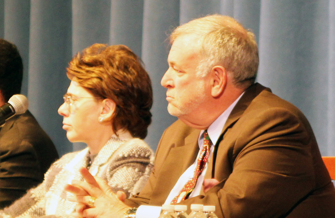 Chancellor Meryll Tisch (left) alongside Regent Roger Tilles at a Common Core forum in Eastport in November 2013. (Credit: Carrie Miller, file)