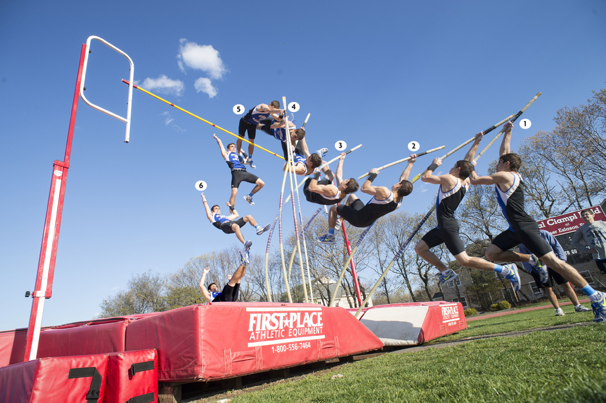A step-by-step view of how Riverhead senior Charles Villa has mastered the pole vault. (Credit: Robert O'Rourk)