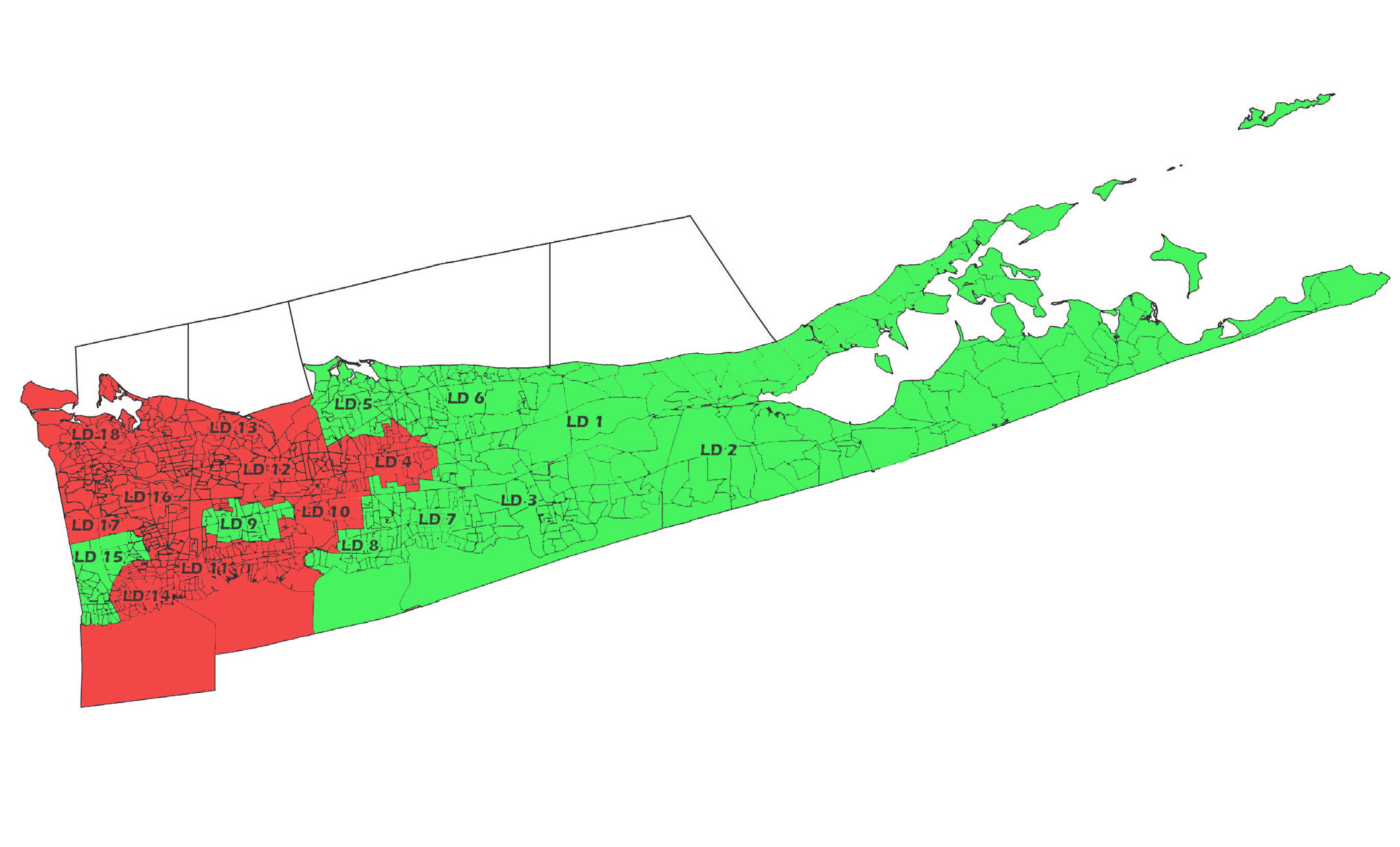 The red districts voted against holding more meetings further east, while the green areas voted for it. (Credit: Paul Squire,  Suffolk County district map)