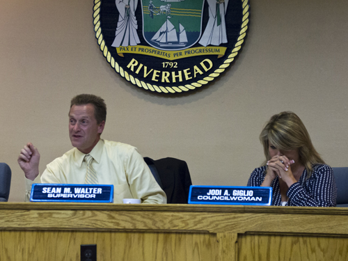 Supervisor Sean Walter and Councilwoman Jodi Giglio at Tuesday night's Town Board meeting. (Credit: Paul Squire)