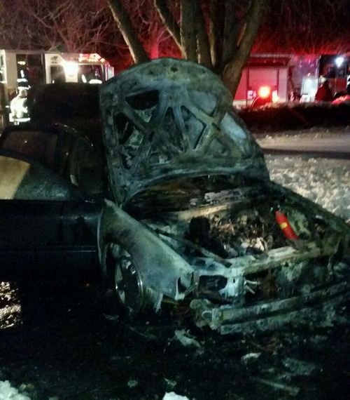 A late model Chevy was consumed by fire Saturday night in Jamesport. (Credit: Jamesport Fire Department)
