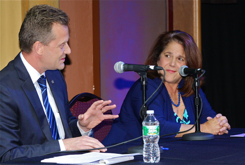 Sean Walter and Angela DeVito on the Suffolk Theater stage during a debate in 2013. (Credit: Barbaraellen Koch file photo)