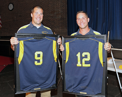 Matt Millheiser (left) and Buddy Gengler with their retired jerseys. (Credit: Daniel De Mato)