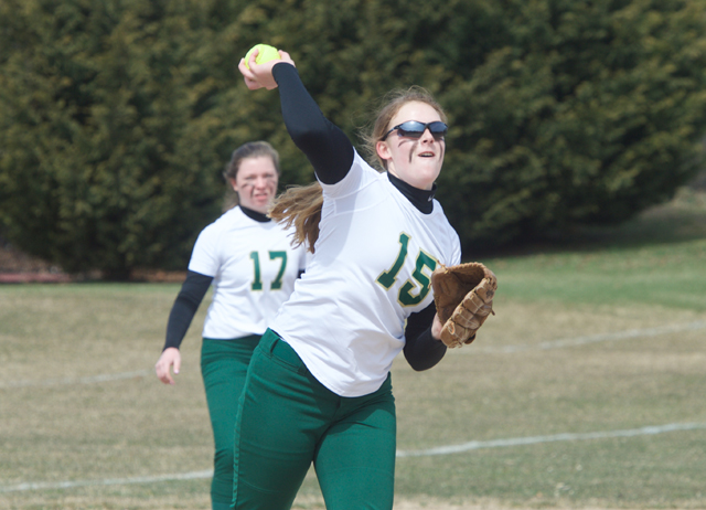 McGann-Mercy pitcher Nicole Gravagna throws out a runner at first base Monday. (Credit: Robert O'Rourk)