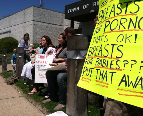 Protesters outside the Riverhead police station Saturday. (Credit: Michael White)