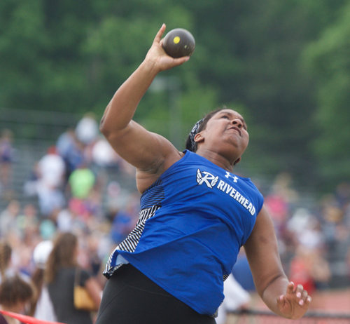 Riverhead senior Ra'Shae Smith finished third in the shot put at the Division II Championship. (Credit: Robert O'Rourk)