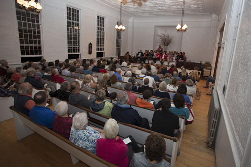 The Jamesport Meeting House was packed Friday night for a spelling bee that raised more than $4,000. (Credit: Katharine Schroeder)