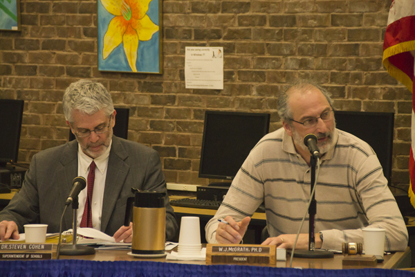 Superintendent Steven Cohen and board president William McGrath at Tuesday's school board meeting. (Credit: Paul Squire)