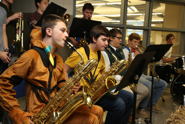 Members of the Riverhead High School Jazz Band perform Michael Jackson's 'Thriller' at Riverhead High School Key Club's Safe Halloween event.