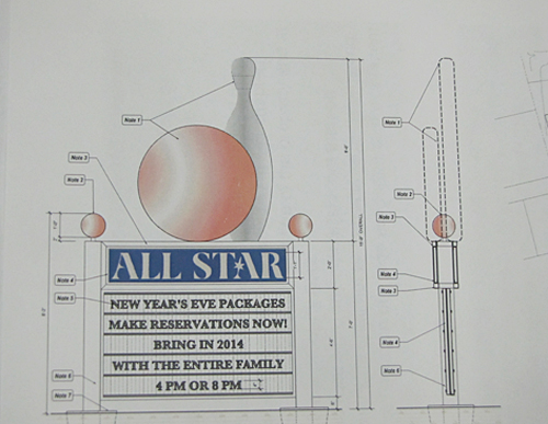 The proposed sign at The All-Star, which would have featured a large bowling ball and pin on top. 