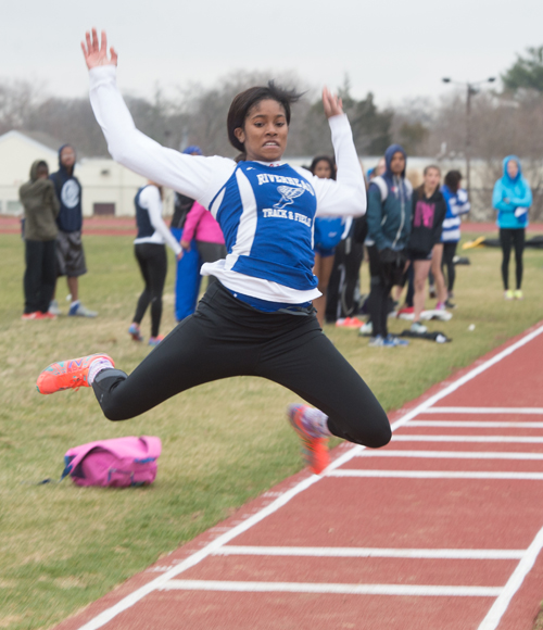 Riverhead senior Ashley-Ann Courts competes in the long jump Tuesday in a dual meet against Smithtown West. (Credit: Robert O'Rourk)