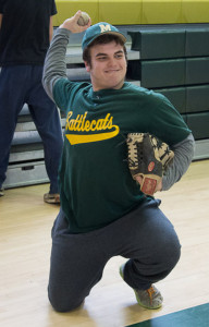 ROBERT O'ROURK PHOTO | Bishop McGann-Mercy's Marco Pascale playing catch during the team's indoor practice on Tuesday.
