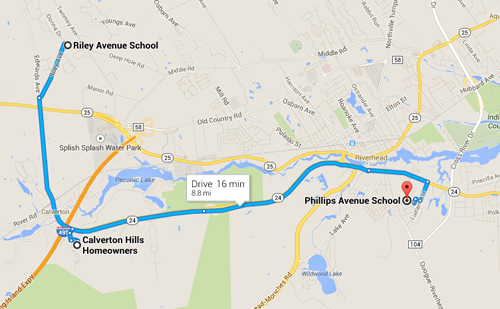 Residents are asking the Riverhead School District to allow Calverton Hills students to attend nearby Riley Avenue Elementary School.  Parents say the community was required to send its children to Phillips Avenue Elementary School in Riverside after the neighborhood was redistricted in the late 1990s. (Credit: Google Map screenshot by Jennifer Gustavson)
