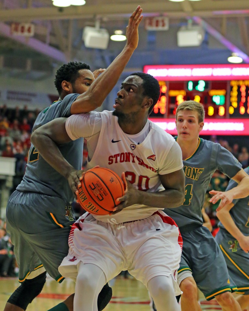 Forward Jameel Warney goes up for a shot during the second half of Stony Brook's  win Sunday. (Credit: Daniel De Mato)