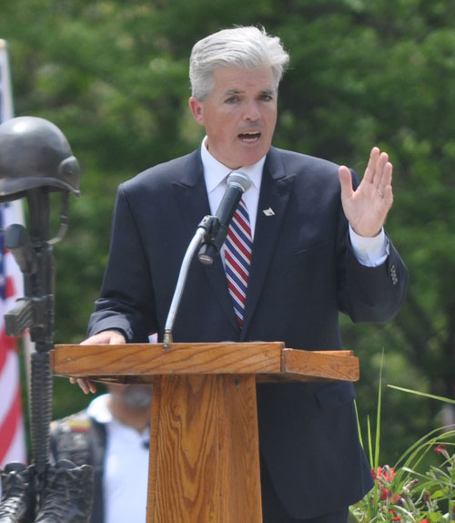County Executive Steve Bellone speaks at the Memorial Day ceremony at Calverton National Cemetery Monday.