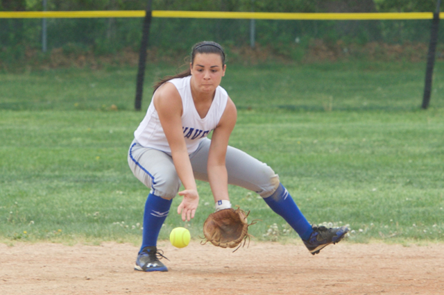 Riverhead shortstop Dani Napoli fields a grounder in the regular season finale Tuesday. The Blue Waves open the playoffs Friday.(Credit: Robert O'Rourk)