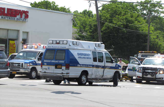 The side damage to the Emergency Ambulance Service vehicle. (Credit: Tim Gannon)