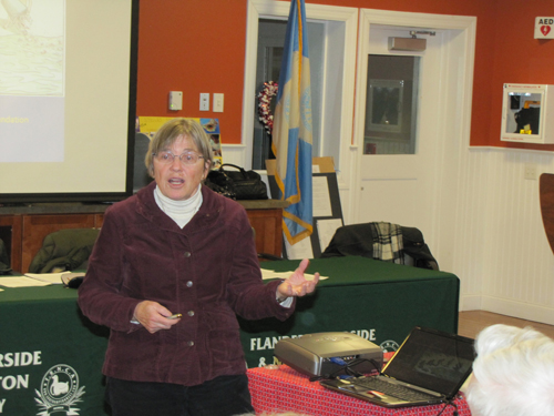 Glynis Berry of Peconic Green Growth discussed the potential for failing septic systems in waterfront communities like Flanders and Riverside at Monday's FRNCA meeting. (TIm Gannon photo)