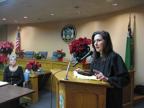 New Town Justice Lori Hulse gave a brief speech at Friday's inauguration ceremony at Town Hall