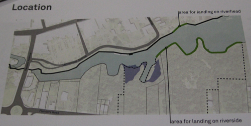 The green lines represent landing areas for a proposed pedestrian bridge over the Peconic River. (Credit: Jen Nuzzo photo of AECOM handout)
