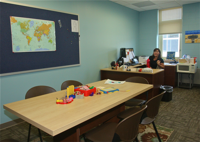 Social worker Maritza Santos had her room all set up Friday afternoon.