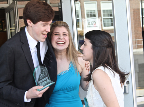 PAUL SQUIRE PHOTO | McGann-Mercy students Patrick O'Brien, Nicole Chiuchiolo and Danielle Allen celebrate after their three Teeny Award wins.