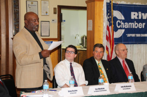 PAUL SQUIRE PHOTO | Highway Superintendent George "Gio" Woodson introduces himself at Monday night's event. Mr. Woodson said he should be reelected based on his department's success despite an inadequate budget. His challenger, Michael Panchak, said the town would need to start investing in its equipment to meet emissions standards.