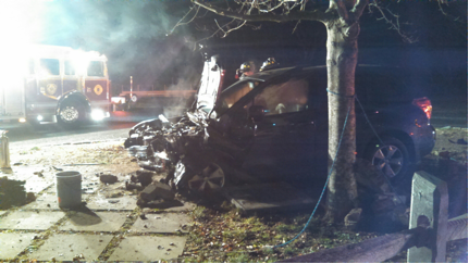 COURTESY PHOTO  Jamesport firefighters found this damaged car upon arriving at a crash scene in Jamesport Monday night.