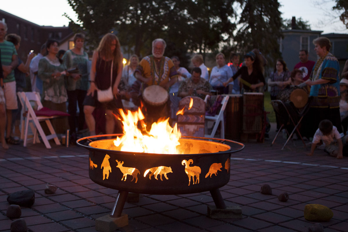 Drummers and dancers behind the fire bowl. (Credit: Katharine Schroeder)