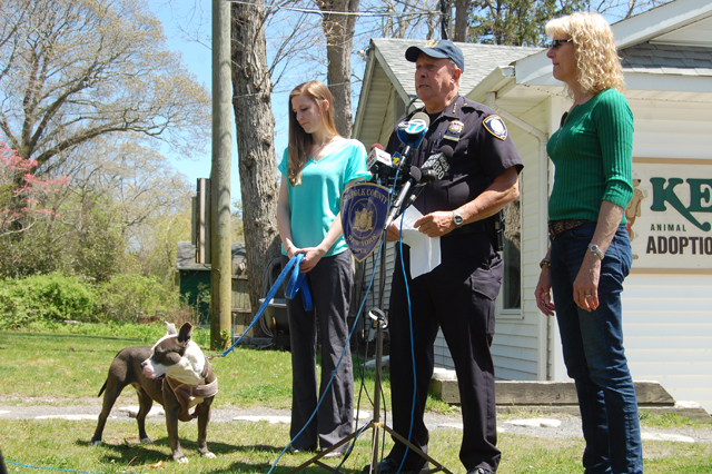 From left: Ashely Pearson, with Bella, Roy Gross and Pam Green speaking at Kent Animal Shelter on Wednesday. (Credit: Nicole Smith)